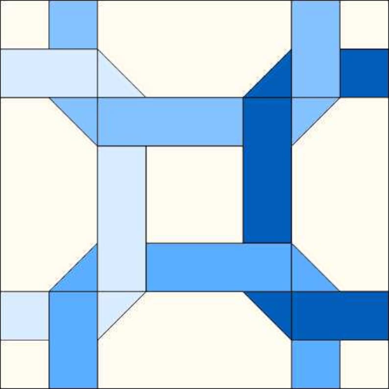 May include: A quilt block pattern with a woven design featuring blue and white squares. The design is made up of four squares with a blue square in the centre of each.