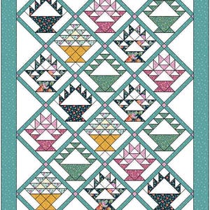 Peut inclure: Une courtepointe présentant un motif répété de motifs de paniers de différentes couleurs, dont le rose, le jaune, le vert et le bleu. Les paniers sont placés dans une grille en losange, avec une bordure turquoise. La courtepointe est une conception de patchwork.