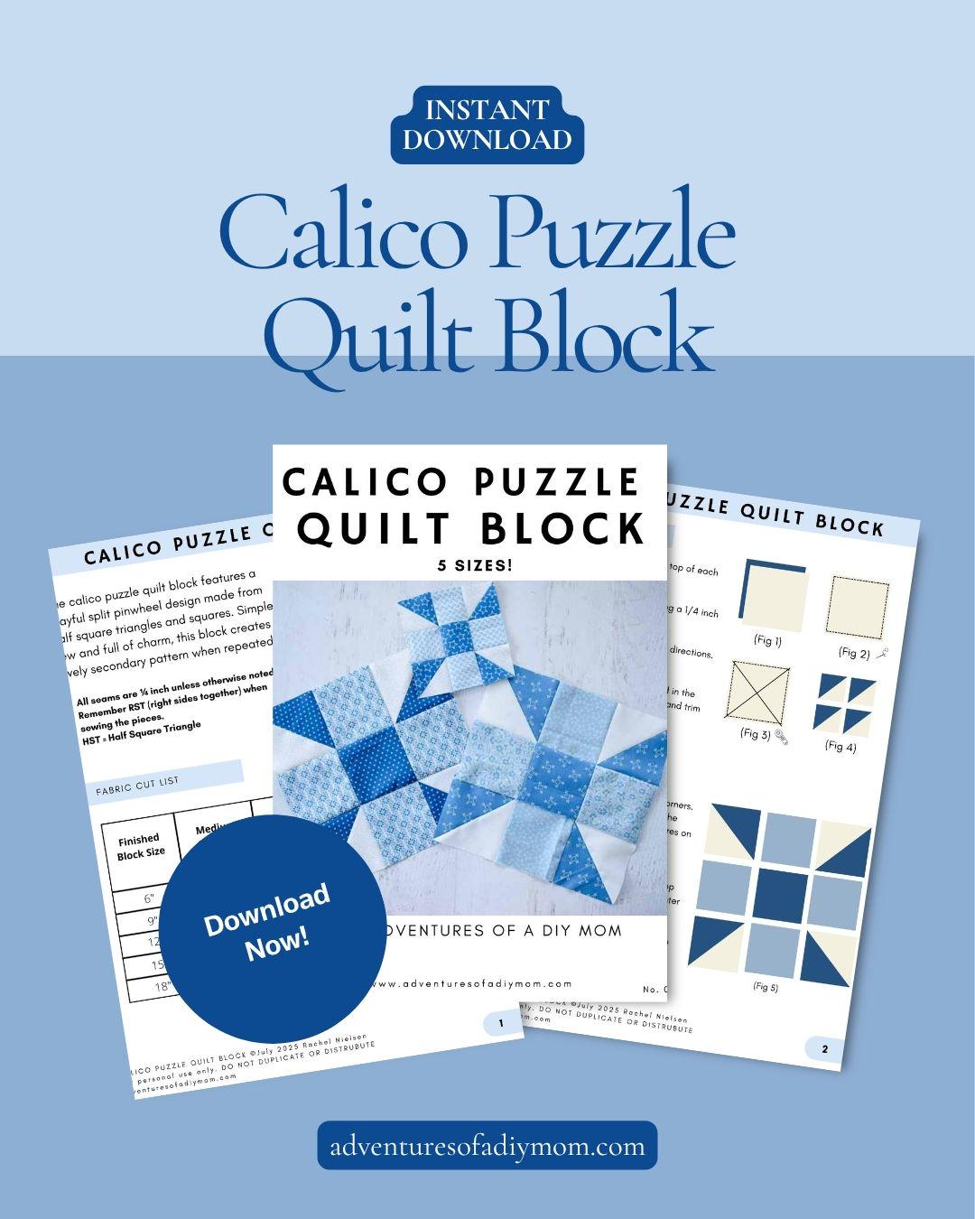 Calico Puzzle Quilt Block Pattern – 5 Sizes | Easy Split Pinwheel ...