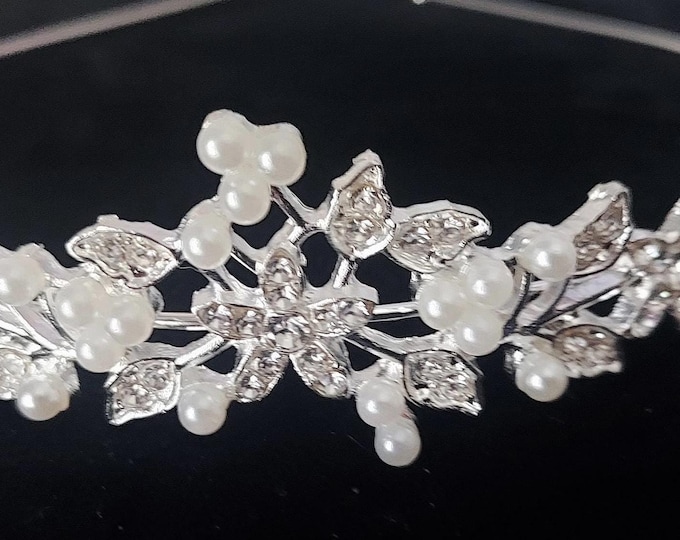 EXQUISITE RHINESTONE pearl bead & SILVER Wedding bride bridesmaid veil tiara bridal crown crystal detailing prom princess hen party
