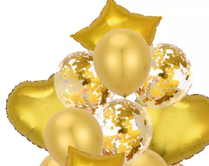14 pce stunning GOLD CHRISTMAS balloon bouquet 5 x gold confetti balloons 5 metallic gold balloons and 2 x 18 inch star & 2 x 18 inch heart