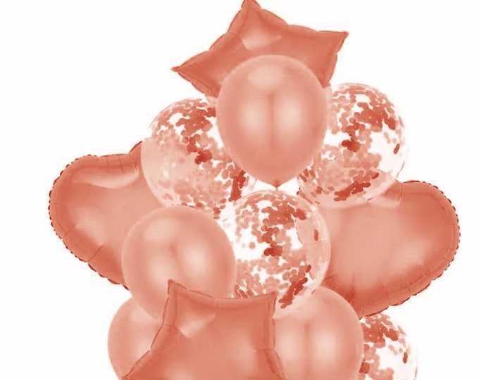 14 pce stunning ROSE GOLD CHRISTMAS balloon bouquet 5 x gold confetti and 5 metallic gold balloons and 2 x 18 inch star & 2 x 18 inch heart