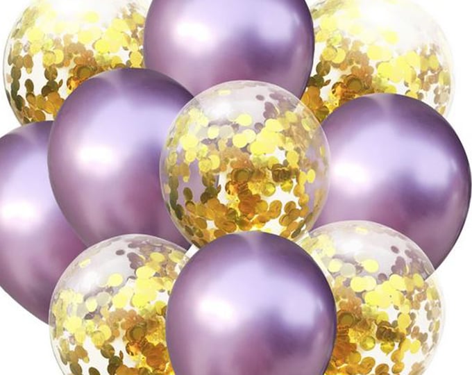 10 pack party balloons. 5 metallic lavender and 5 gold confetti filled balloons 50th anniversary, childrens birthday party, christmas