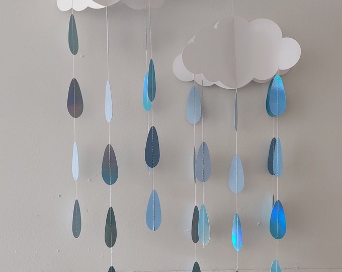 2 Large mobiles clouds with falling blue rain drops pretty hanging decoration  boy baby shower gender reveal party or christening