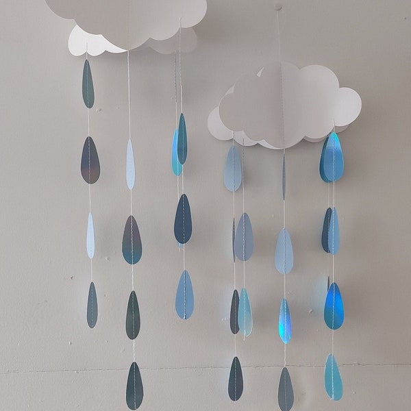2 Large mobiles clouds with falling blue rain drops pretty hanging decoration  boy baby shower gender reveal party or christening