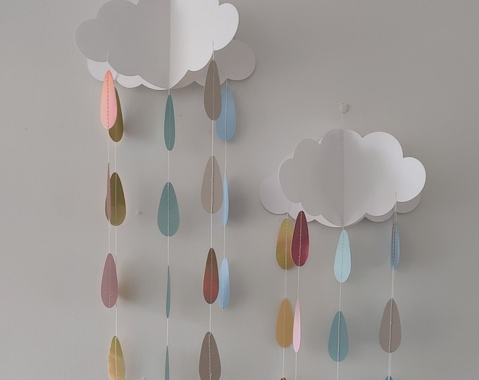 2 Large mobiles clouds with falling multi colourded rain drops pretty hanging decoration for a unisex baby shower party or christening