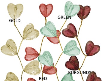 6 CRYSTAL HEART CRAFT leaf gold wired stems. Each stem has 5 rhinestone hearts 10mm x 10mm blue clear burgundy black pink lilac & purple