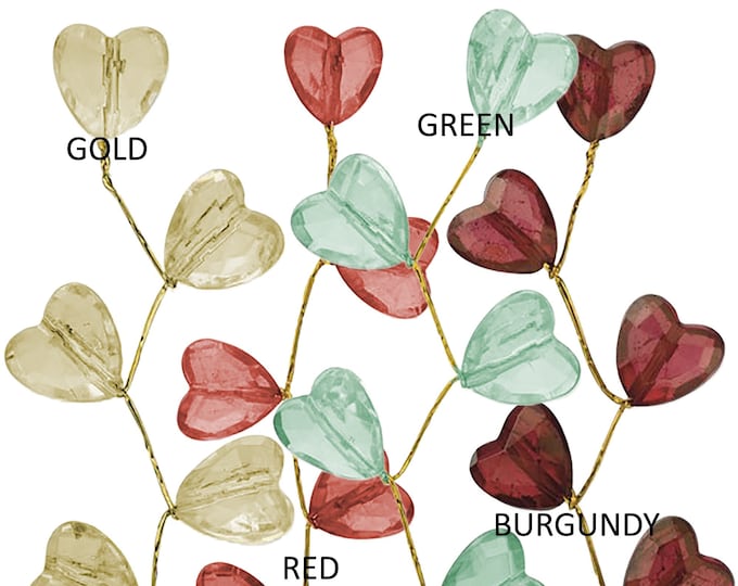 6 CRYSTAL HEART CRAFT leaf gold wired stems. Each stem has 5 rhinestone hearts 10mm x 10mm blue clear burgundy black pink lilac & purple