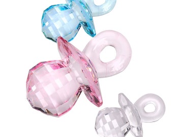 6 BABY SHOWER dummy soother CAKE toppers transparent and faceted fora lovely sparkling decoration blue pink and clear