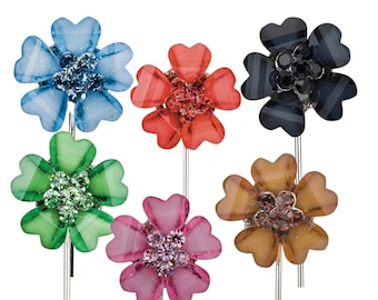 6 CRAFT FLOWERS with diamate centers rose style on a silver coloured pick 6 colours red blue green pink brown black decoration rhinestones