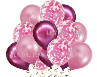 15 pack of party balloons 5 metallic fuchsia pink, 5 fuchsia metallic confetti and 5 metallic bright pink birthday party baby shower