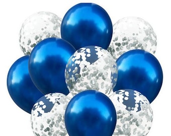 FREE POSTAGE! 10 pack of blue & silver balloons 5 metallic blue and 5 silver confetti filled balloons new years party, halloween