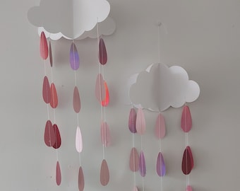 2 Large mobiles clouds with falling pink rain drops pretty hanging decoration  boy girl shower gender reveal party or christening