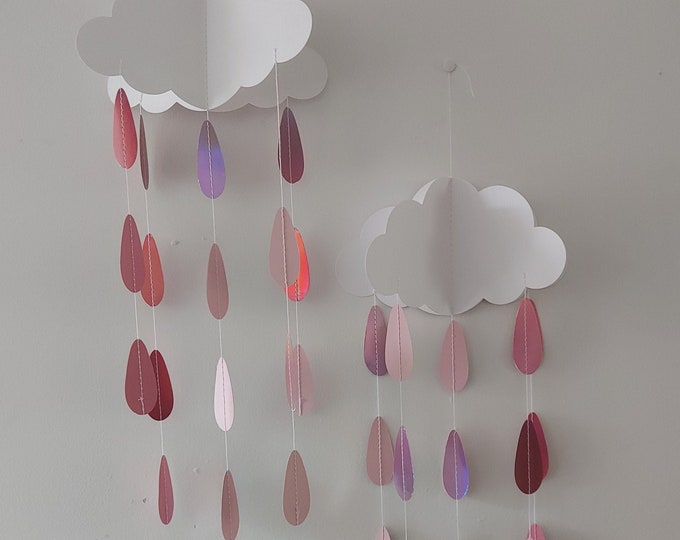 2 Large mobiles clouds with falling pink rain drops pretty hanging decoration  boy girl shower gender reveal party or christening