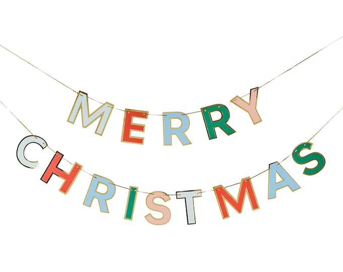 MERRY CHRISTMAS garland multicoloured with gold foil trim ideal to bring colourful cheer to your christmas celebrations 2.5 meters long