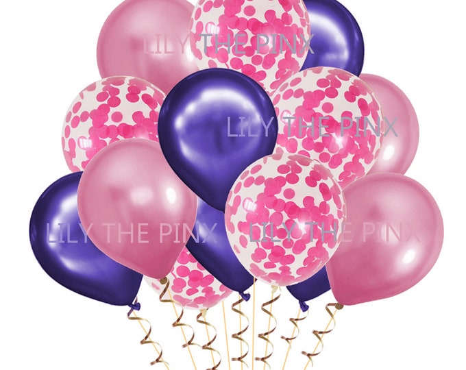 FREE POSTAGE 15 pack of party balloons 5 metallic DEEP purple, 5 fuchsia metallic confetti and 5 metallic  pink birthday party baby shower
