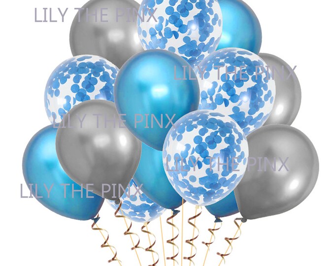 15 TURQUOISE blue & silver party balloons 5 turquoise metallic, 5 turquoise confetti and 5 metallic silver balloons, birthday
