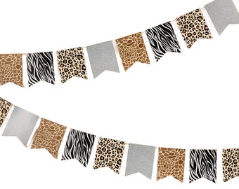 Jungle SAFARI ANIMAL PRINT card flag bunting. Great for a jungle party 2.5m kids party features giraffe zebra elephant & leopard print