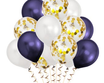 FREE POSTAGE! PARTY 15 white, gold & dark purple balloons 5 pearl white 5 gold metallic confetti and 5 dark purple, birthday party