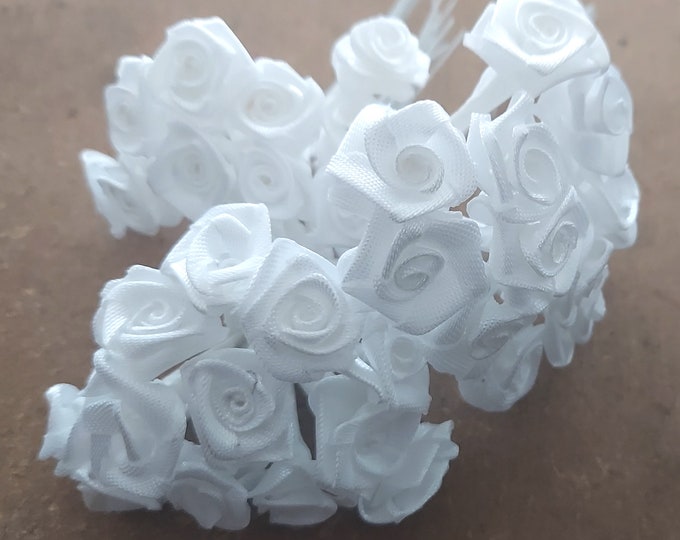 48 WHITE SATIN ribbon ROSES 15mm in diameter on silver stem wedding decoration crafting