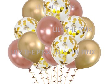 15 gold & rose gold party balloons 5 metallic gold 5 gold metallic confetti and 5 metallic rose gold  balloons wedding anniversary, birthday