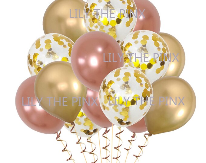 15 gold & rose gold party balloons 5 metallic gold 5 gold metallic confetti and 5 metallic rose gold  balloons wedding anniversary, birthday