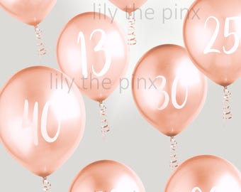 FREE POSTAGE! 10 Metallic rose gold BIRTHDAY party balloons 5 large numbered balloons 12 inch balloons and 5 large plain rose gold balloons
