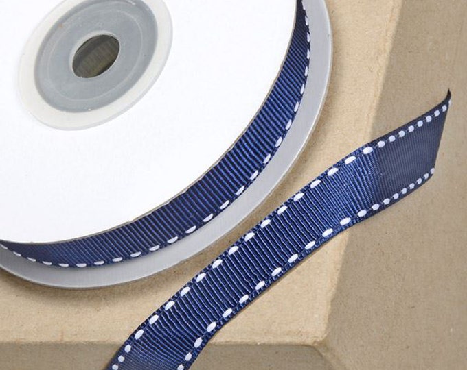 12mm navy blue GROSGRAIN RIBBON with WHITE stitching 12mm x 10 meters for decorating wedding or party venues, gifts or crafts