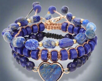 Natural LAPIS LAZULI BLUE Heart Hand Beaded Bracelets Aquarius Birthstone, adjustable 3 in 1-layer bracelet Christmas birthday gift, Libra