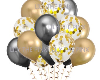 15 gold & black party balloons 5 metallic gold 5 gold metallic confetti and 5 metallic black balloons wedding anniversary, birthday