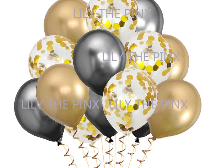15 gold & black party balloons 5 metallic gold 5 gold metallic confetti and 5 metallic black balloons wedding anniversary, birthday