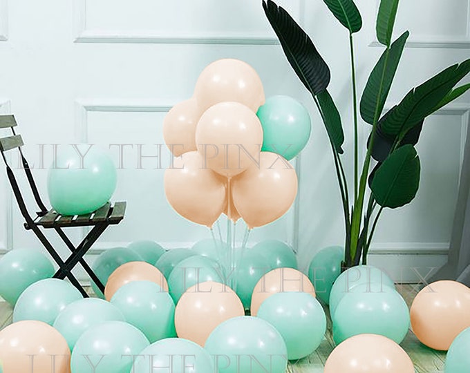 12 pack of TIFFANY BLUE GREEN and pastel orange peach 300mm macaron latex balloons baby shower gender reveal or childrens birthday party