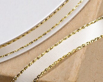6mm X 25M SATIN LUREX RIBBON ivory cream with gold glitter edging for decorating wedding or party venues, favours favors gifts or crafts
