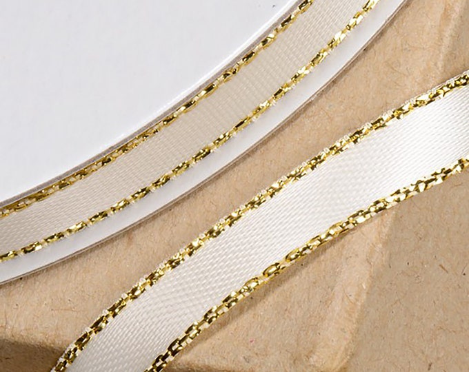 6mm X 25M SATIN LUREX RIBBON ivory cream with gold glitter edging for decorating wedding or party venues, favours favors gifts or crafts