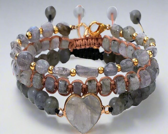BEAUTIFUL Smokey Grey agate Hand BEADED Bracelet, natural crystal quartz stones, adjustable 3 bracelets Bohemian Christmas birthday gift