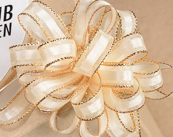 10mm organza PULL BOW RIBBON ivory with gold edging 25 meters ideal for decorating wedding or party venues, gifts or crafts