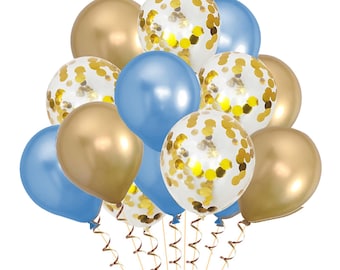 15 gold & sky blue party balloons 5 metallic gold, 5 gold metallic confetti and 5 blue balloons wedding anniversary, birthday party