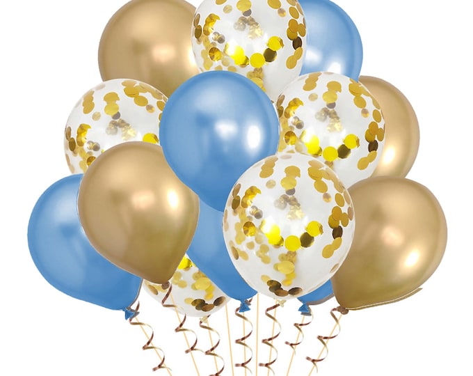 15 gold & sky blue party balloons 5 metallic gold, 5 gold metallic confetti and 5 blue balloons wedding anniversary, birthday party