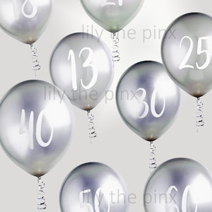 FREE POSTAGE 10 metallic silver BIRTHDAY balloons 5 numbered balloons 12 inch balloons and 5 large plain silver balloons 18th 21st 25th 60th