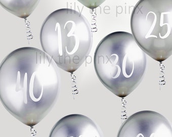 FREE POSTAGE! 10 Metallic silver BIRTHDAY balloons 5 large numbered balloons 12 inch balloons suitable and 5 large plain silver balloons
