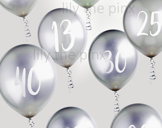 FREE POSTAGE! 10 Metallic silver BIRTHDAY balloons 5 large numbered balloons 12 inch balloons suitable and 5 large plain silver balloons