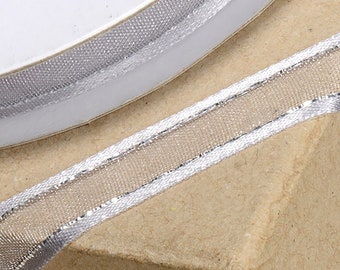 10mm x 25 meters SILVER RIBBON satin edged organza with silver trim great for decorating wedding or party venues, gifts or crafts