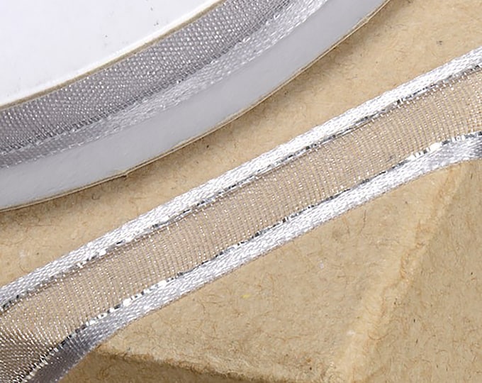 10mm x 25 meters SILVER RIBBON satin edged organza with silver trim great for decorating wedding or party venues, gifts or crafts