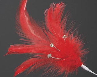 Pack of 6 RED real FEATHERS with DIAMANTES great for crafting, hatmaking, wedding hair, floral decorations and bouquets