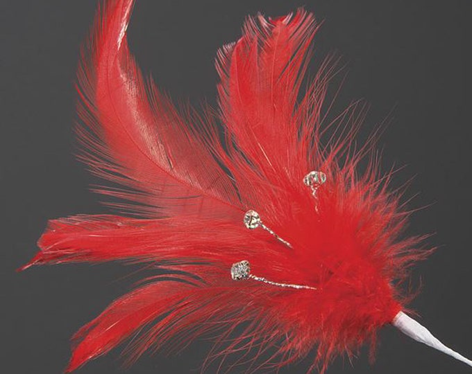 Pack of 6 RED real FEATHERS with DIAMANTES great for crafting, hatmaking, wedding hair, floral decorations and bouquets