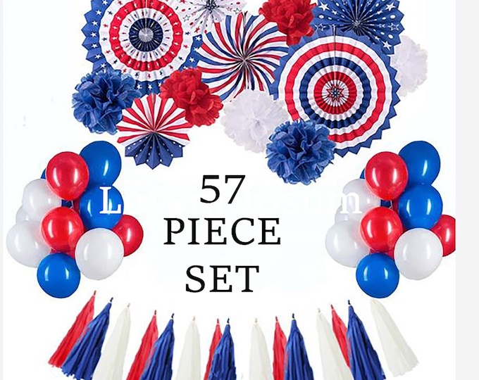 57 PIECE red white & blue independance day decorations fans pompoms balloons tassels