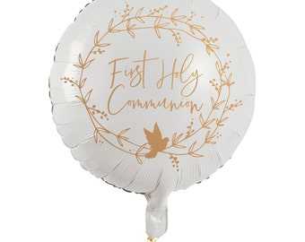 LARGE 1st HOLY COMMUNION balloon white with gold lettering leaves and a dove 22 inch. Ideal as a centerpeice for your celebration.