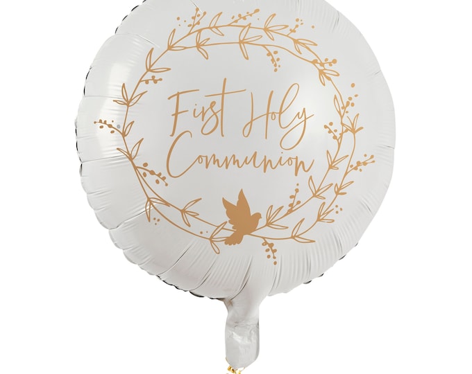 LARGE 1st HOLY COMMUNION balloon white with gold lettering leaves and a dove 22 inch. Ideal as a centerpeice for your celebration.
