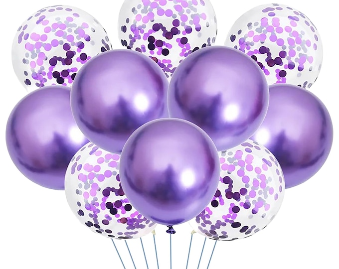 Free Postage! 14 pk, 7 purple chrome balloons and 7 clear balloons with purple confetti wedding, baby shower, anniversary, birthday party.