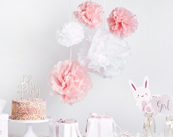 PASTEL PINK POMPOMS. kit to make 5 lovely pom poms to add style to your boy baby shower naming party or christening